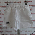 Front view of Canterbury white rugby shorts with elasticated waist, size 28