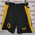 Front view of Kids Castore Sports Shorts with yellow side panels and logos
