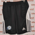 Front view of Adidas David Beckham Academy black shorts with white stripes and academy badge