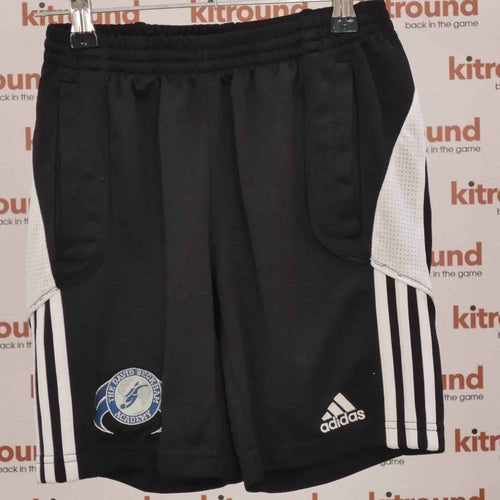 Front view of Adidas David Beckham Academy black shorts with white stripes and academy badge