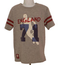 Front view of grey England Rugby kids t-shirt with red stripes and front graphic