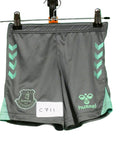 Grey Everton FC kids football shorts by Hummel with official crest, laid flat with visible team and manufacturer logos