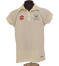 Front view of Gray Nicolls kids Gloucestershire County Cricket Club white cricket polo shirt with embroidered logos