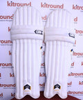 Front view of GM Maxi 505 youth cricket pads in white with vertical padding