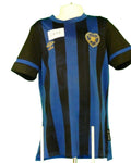 Umbro Hearts FC kids football shirt in blue and black vertical stripes displayed on mannequin