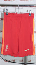 Front view of Nike Liverpool FC red football shorts with orange side panels