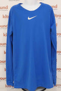 Front view of Nike blue long-sleeved training top with white Swoosh