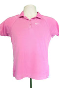 Nike pink collared Fit Dry T-shirt with white swoosh logo, front view