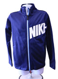 Front view of navy Nike kids full zip jacket with large logo, size 4-5 years