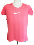 Front view of pink Nike kids sports t-shirt with white swoosh logo