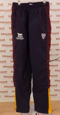 Front view of Fearnley navy cricket trousers with burgundy and gold side panels and Oxfordshire Cricket Board logo