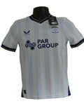 Front view of Castore Preston North End junior large white football jersey with club badge and sponsor logo