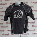 Front view of Rhino Kids Rugby Top with padded shoulders in black and grey SB size