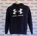 Front view of Under Armour kids black fleck hooded sweatshirt on mannequin