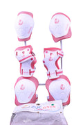 Kids pink and white mini pad set with elbows, knees, and wrists protection displayed upright with storage bag