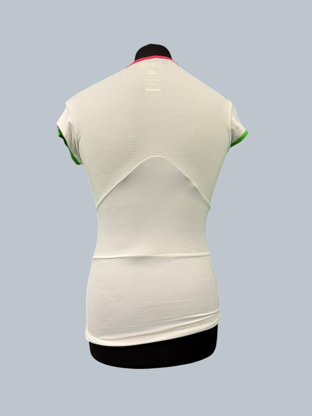 kitround Adidas Barricade women's white tennis top with pink neckline and green sleeve trim. Features ruched detail and mesh back.