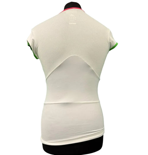 kitround Adidas Barricade women's white tennis top with pink neckline and green sleeve trim. Features ruched detail and mesh back.