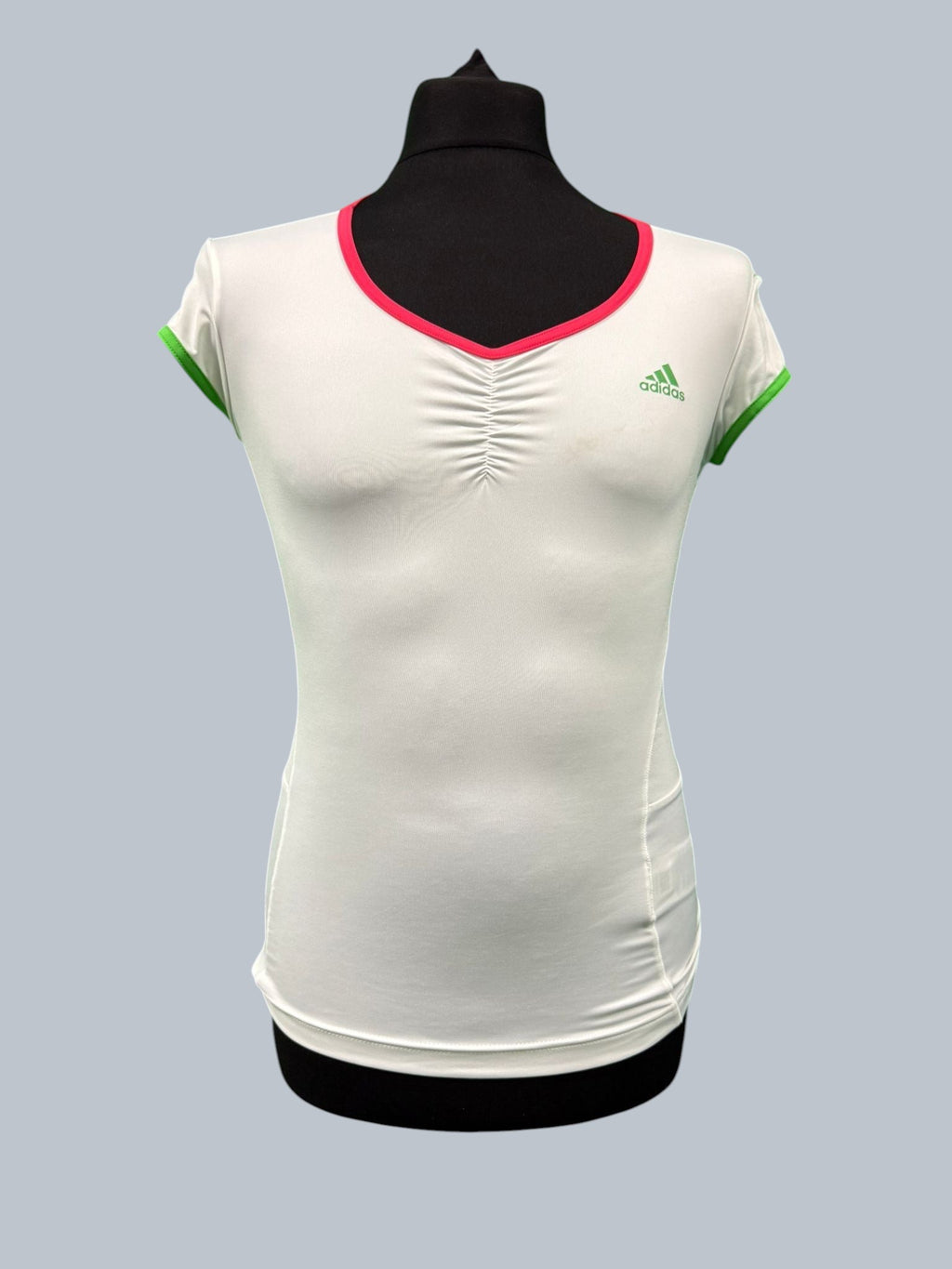 kitround Adidas Barricade white tennis top with pink V-neck trim and green sleeve trim, ruched detail