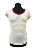 kitround Adidas Barricade white tennis top with pink V-neck trim and green sleeve trim, ruched detail