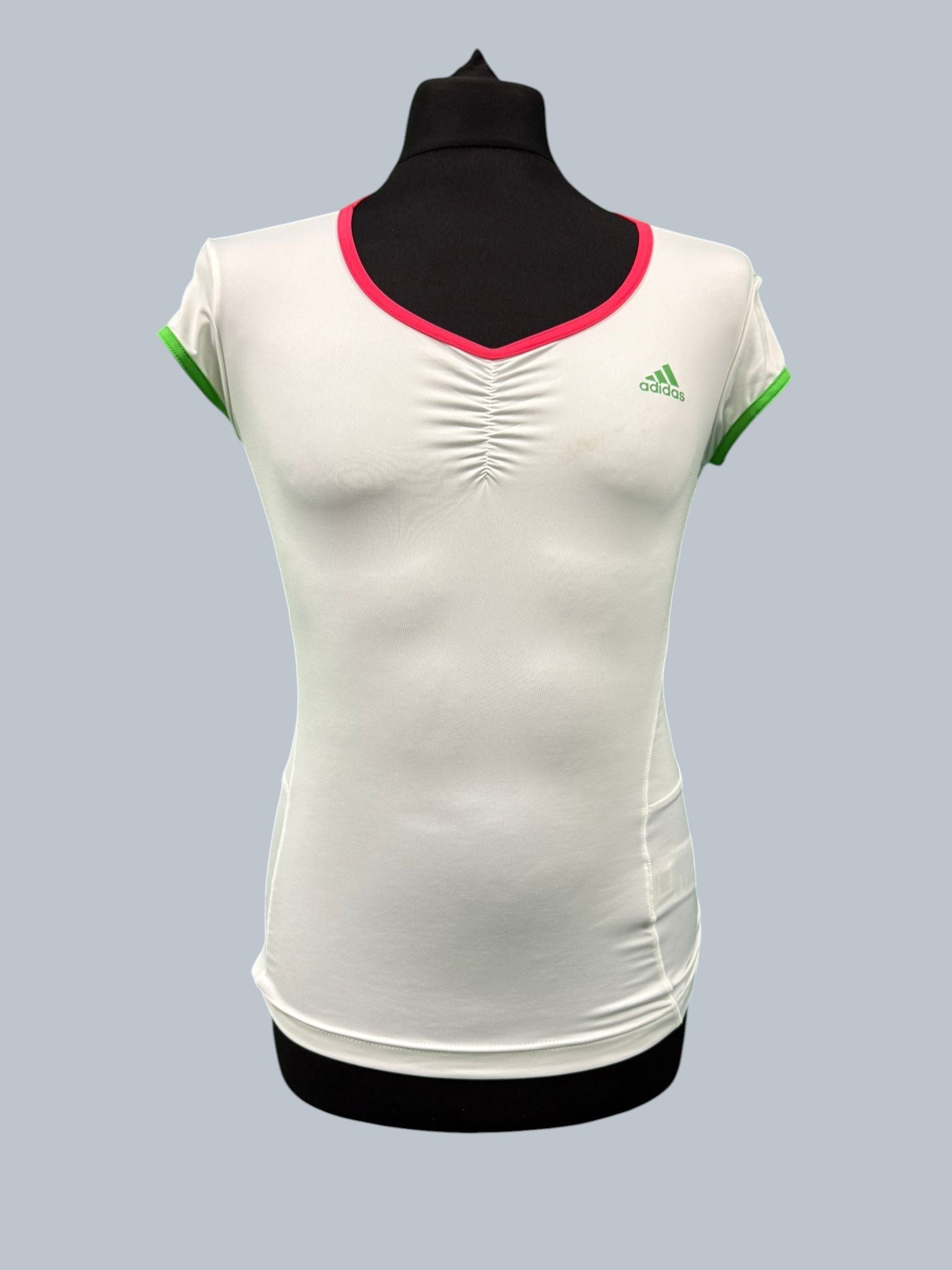 kitround Adidas Barricade white tennis top with pink V-neck trim and green sleeve trim, ruched detail