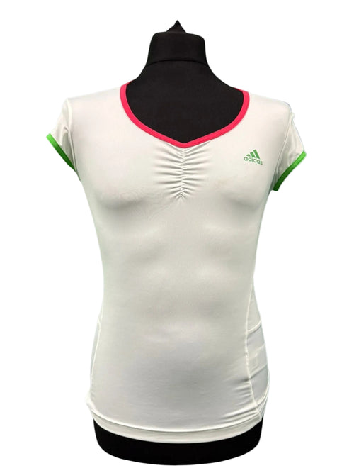 kitround Adidas Barricade white tennis top with pink V-neck trim and green sleeve trim, ruched detail