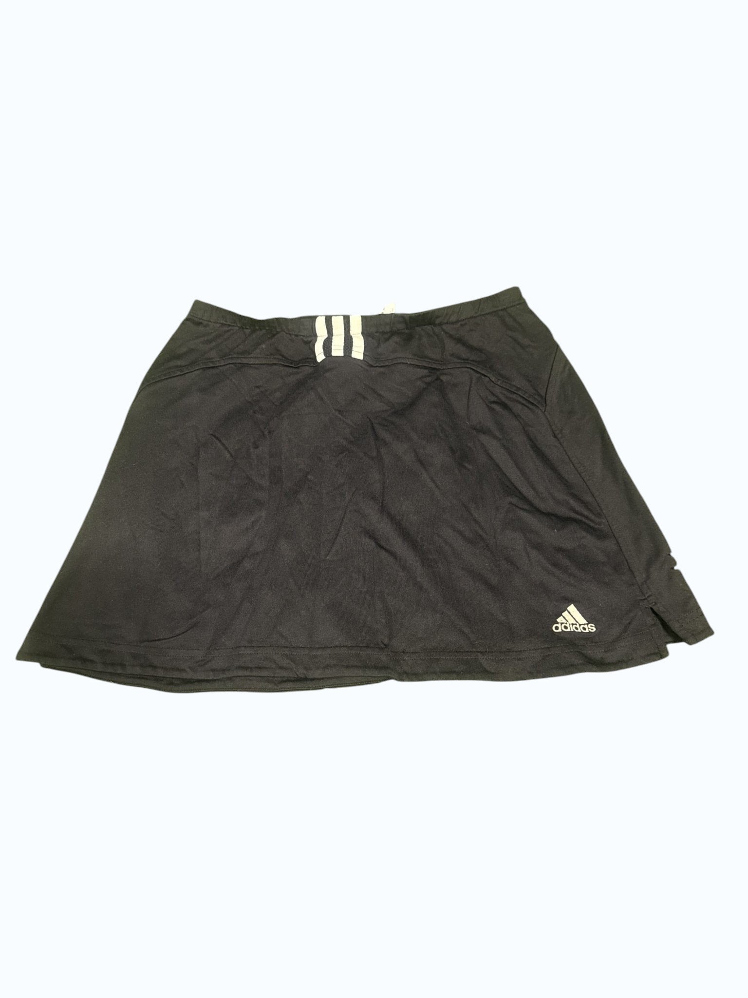 kitround adidas women's black sports skirt with white stripes on waistband and logo on hem