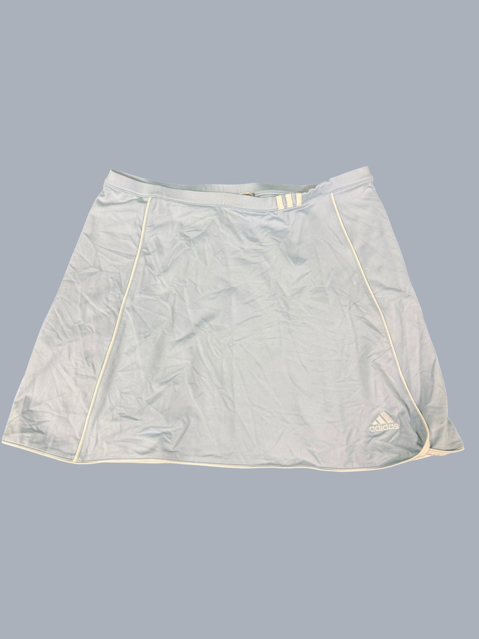 kitround Adidas light blue tennis skirt with white piping and embroidered logo, size UK 12