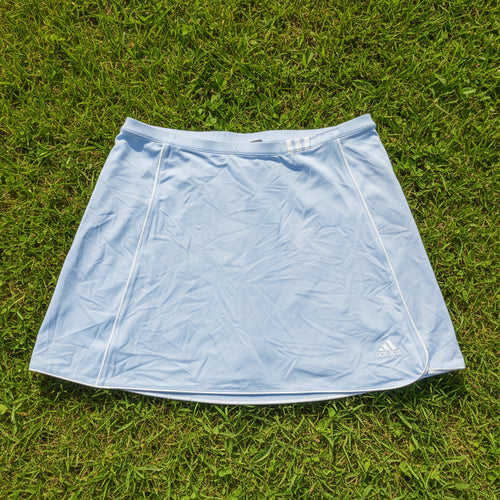 kitround Adidas light blue tennis skirt with white piping and embroidered logo, size UK 12