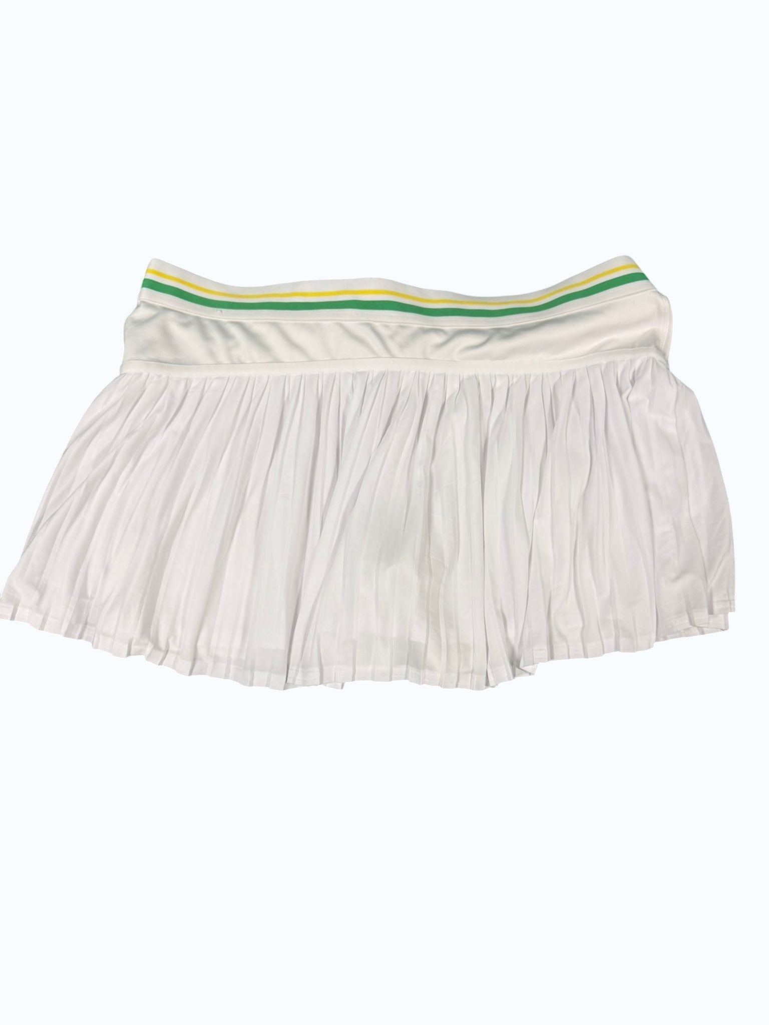 Adidas Stella McCartney white pleated tennis skirt with green and yellow striped waistband and built-in shorts.