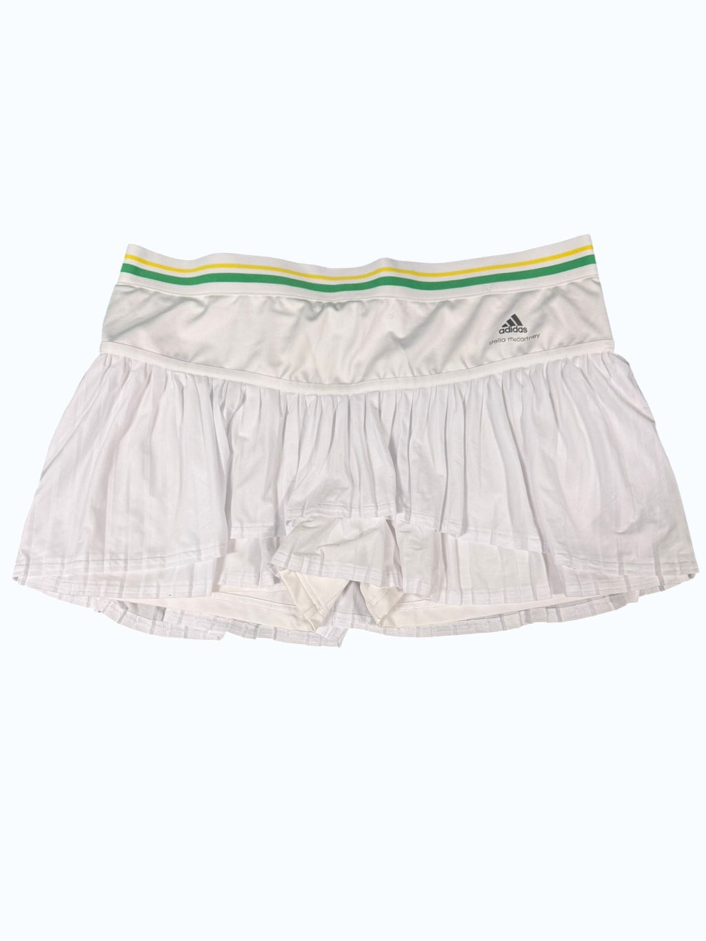kitround Adidas Stella McCartney white pleated tennis skirt with green and yellow striped waistband and built-in shorts.