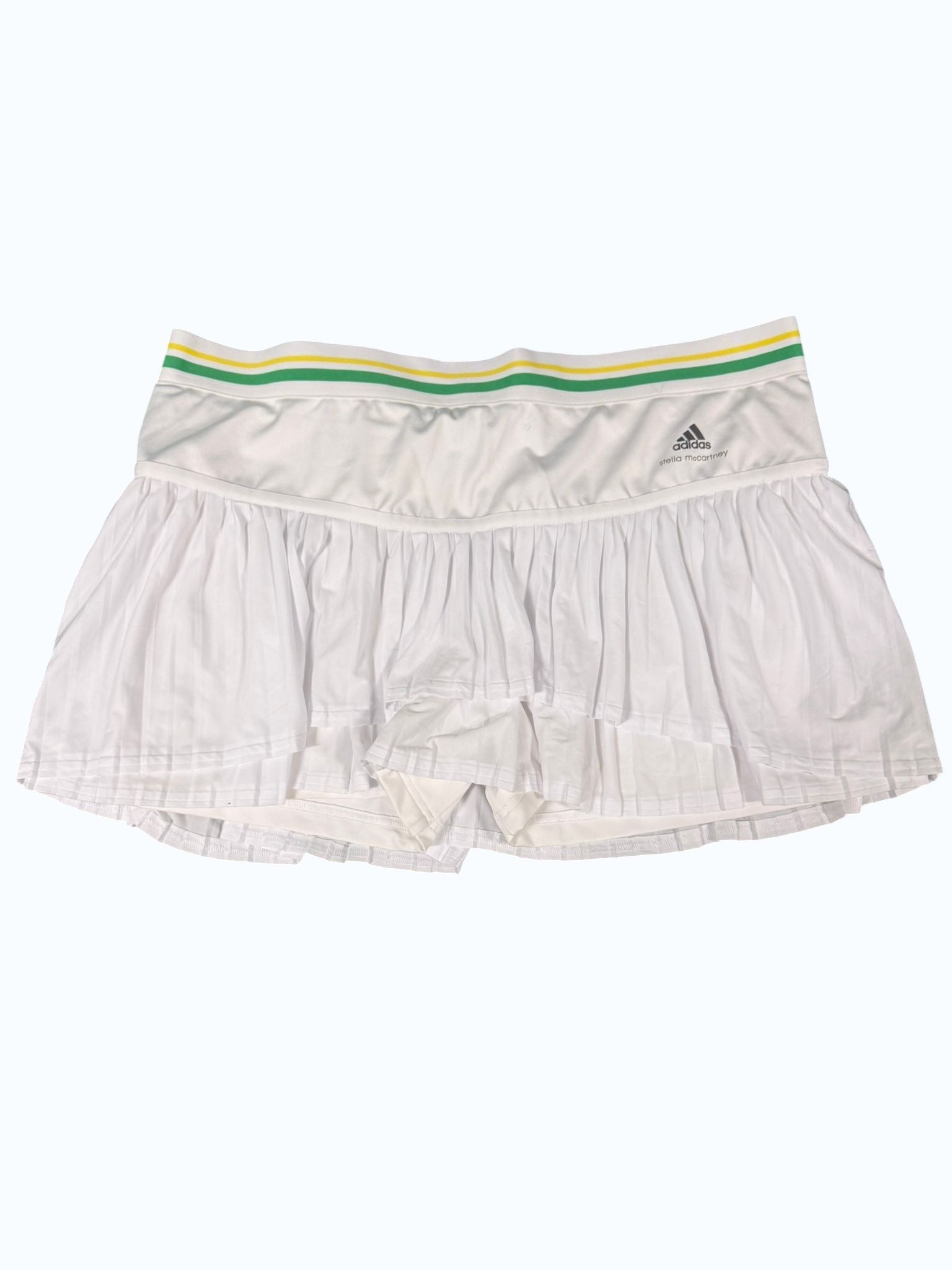 kitround Adidas Stella McCartney white pleated tennis skirt with green and yellow striped waistband and built-in shorts.