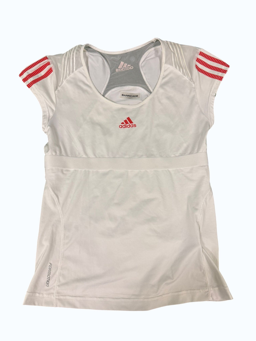 Adidas women's white tennis top with red detailing on sleeves and logo. Breathable fabric with Formotion technology.