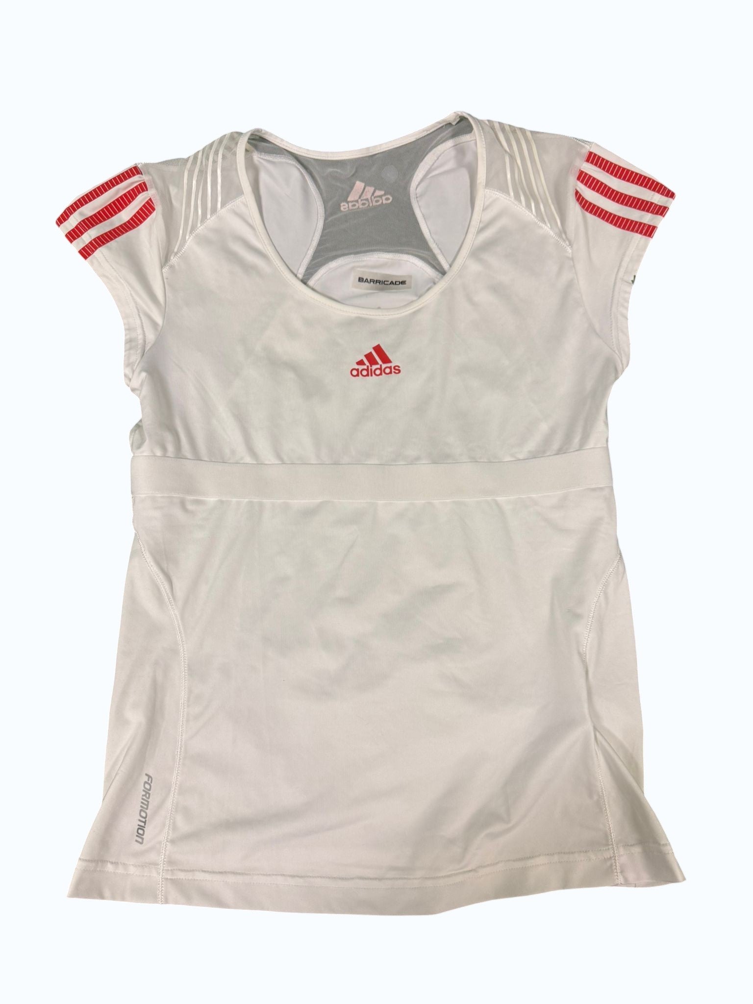 Adidas women's white tennis top with red detailing on sleeves and logo. Breathable fabric with Formotion technology.