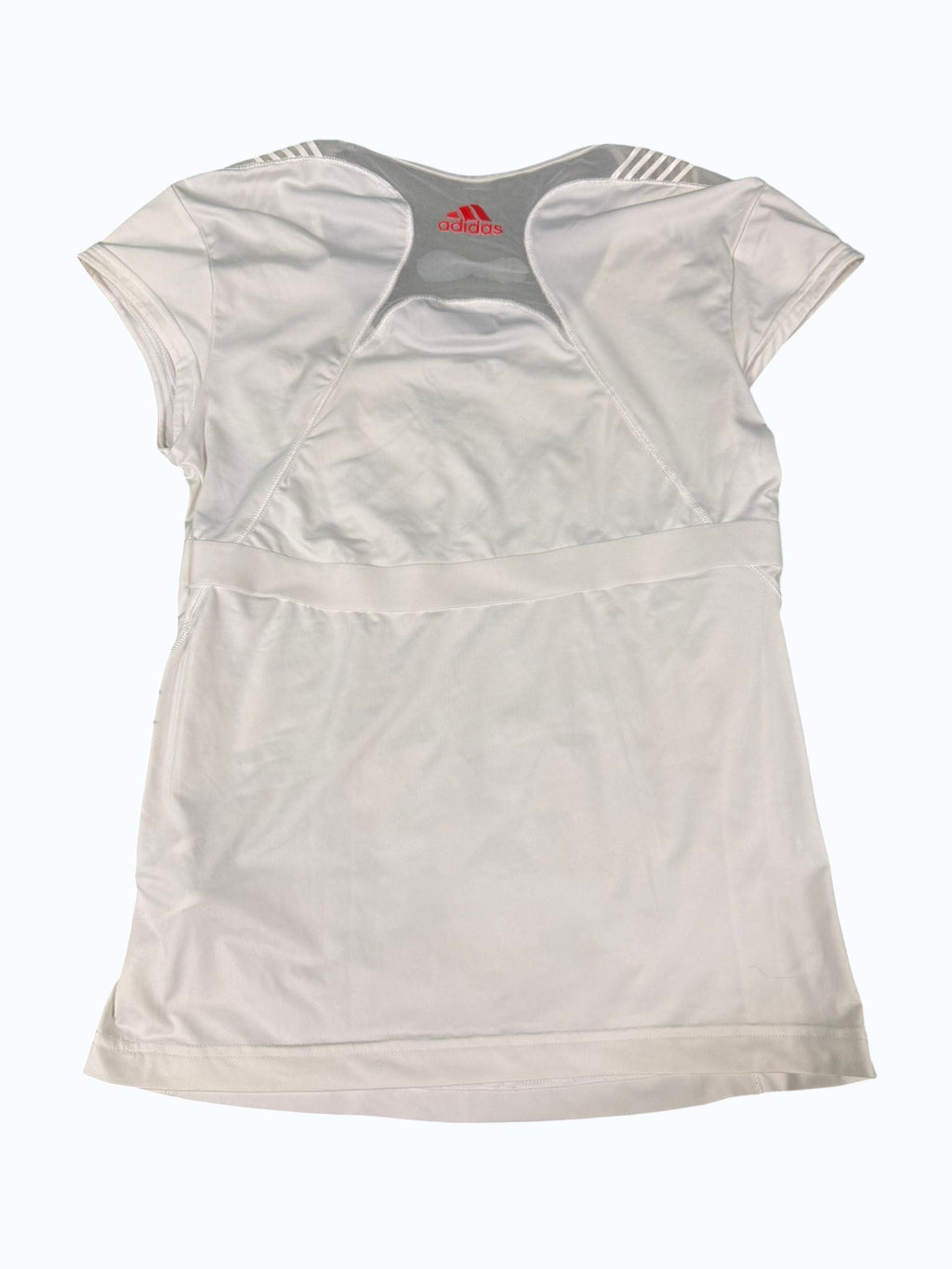kitround Adidas women's white tennis top with red Adidas logo and sleeve detailing. Breathable fabric with mesh back.