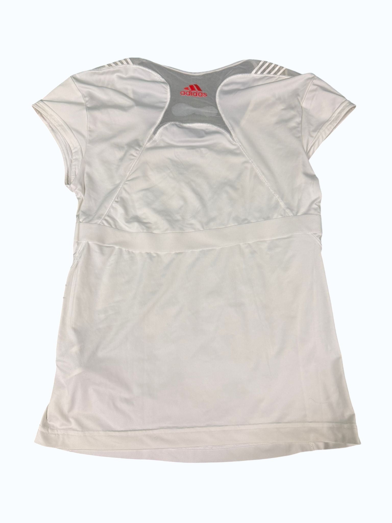 kitround Adidas women's white tennis top with red Adidas logo and sleeve detailing. Breathable fabric with mesh back.