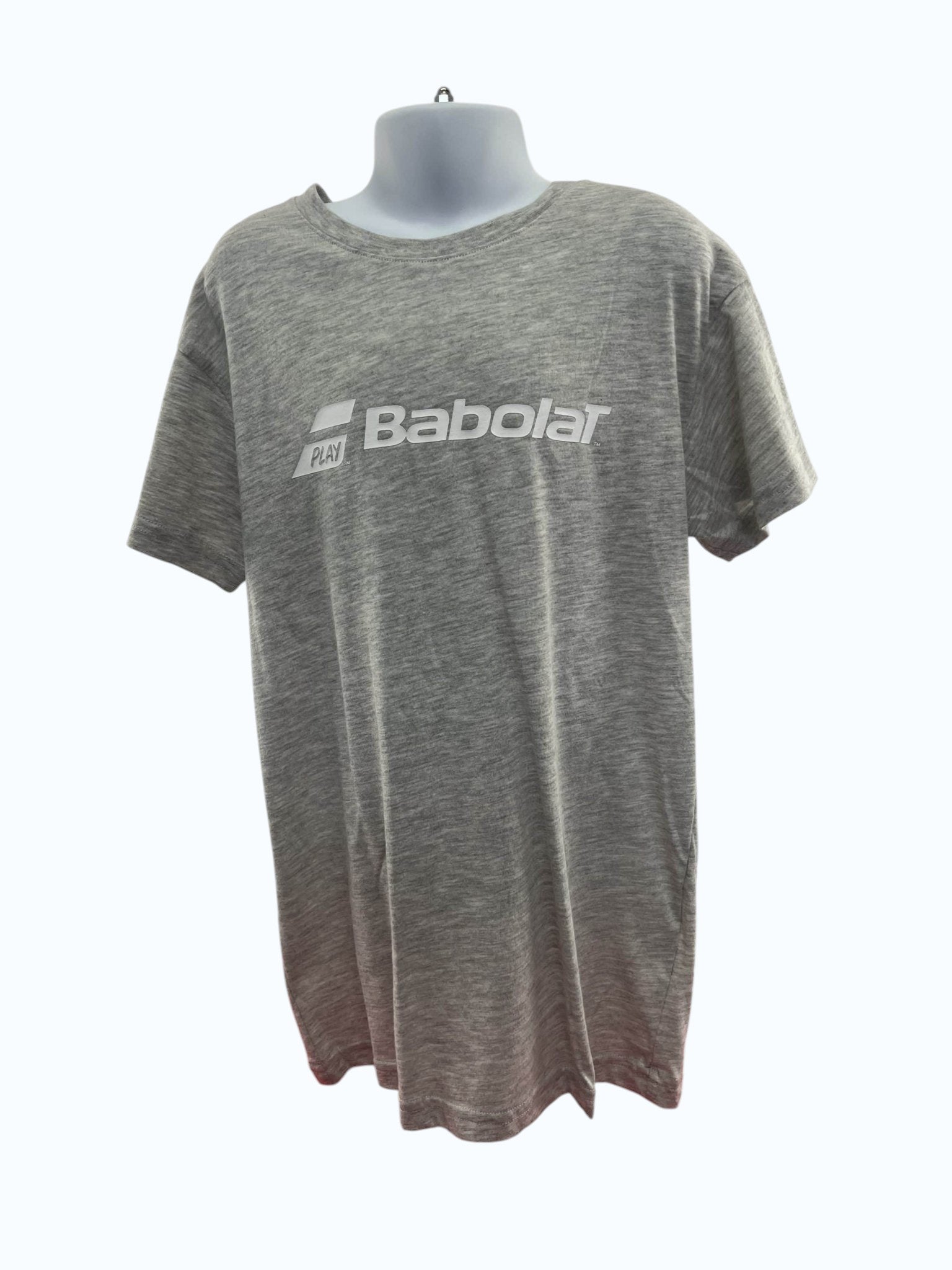 kitround Babolat grey t-shirt for kids, size 10-12, featuring the Babolat logo on the front. Made from a soft fabric blend.