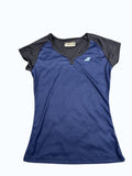 Kitround Babolat women's dark blue short sleeve tennis t-shirt with moisture-wicking fabric and logo.