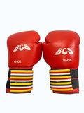 kitround BCS 16oz red leather boxing gloves with multi-colored striped wrist support and Velcro closure.