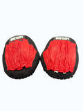 Kitround Bryan adult sparring pads with red leather striking surface and black fabric backing. Elasticated gloves for secure fit.