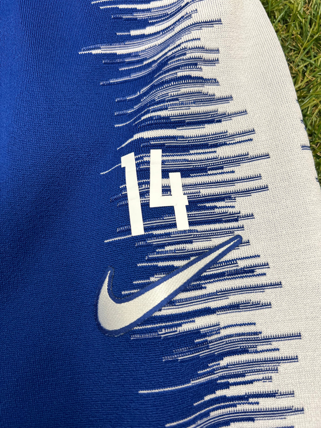 Close-up of Nike swoosh and number 14 on blue and white textured side panel