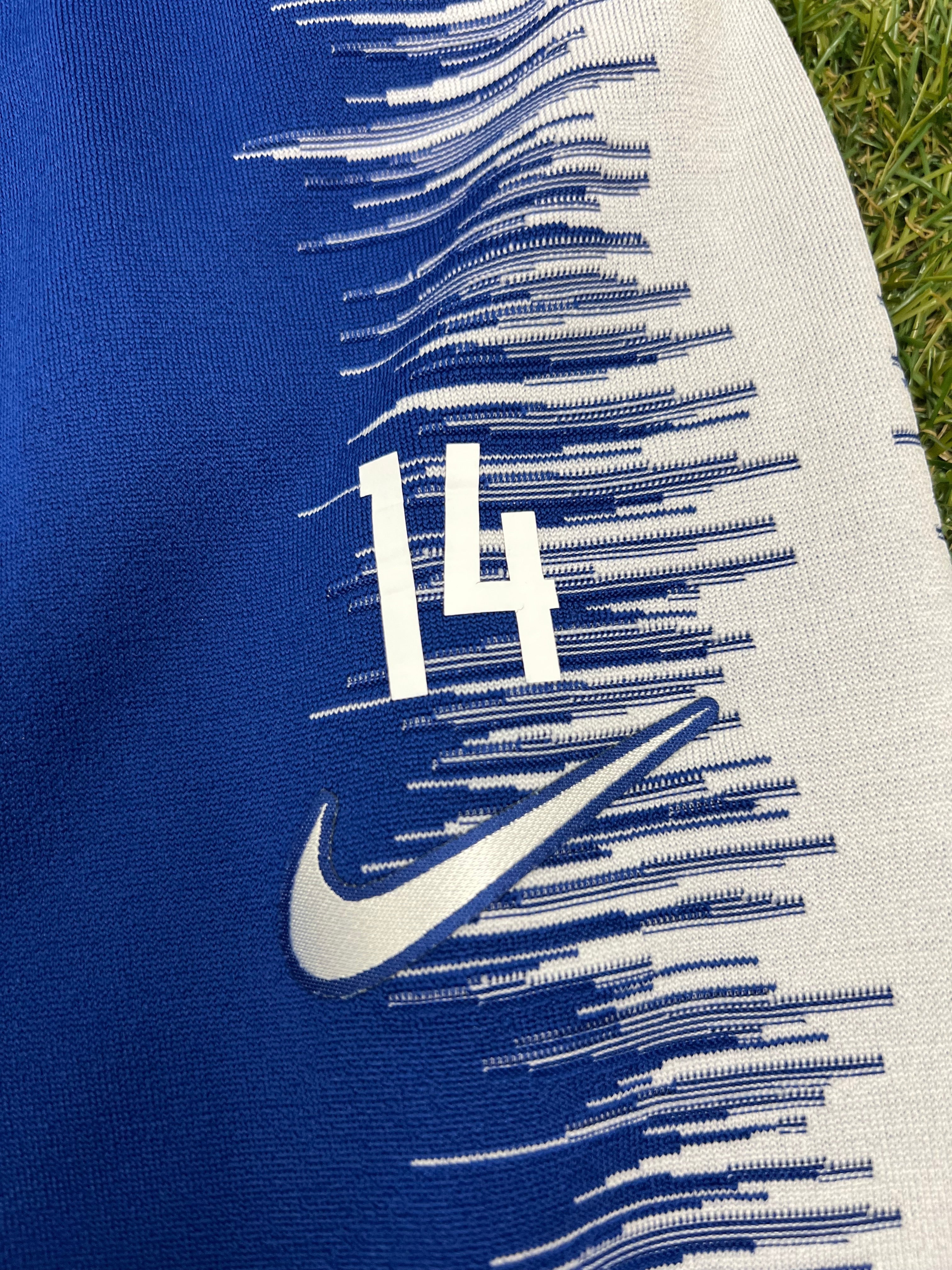 Close-up of Nike swoosh and number 14 on blue and white textured side panel