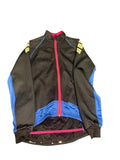 kitround women's medium black & blue cycling jacket with high visibility accents on shoulders & pink zipper