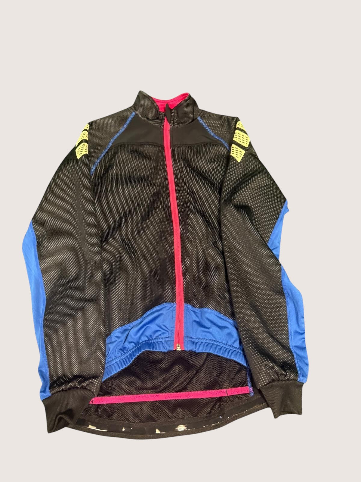 kitround women's medium black & blue cycling jacket with high visibility accents on shoulders & pink zipper