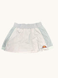 Kitround Ellesse women's white and light blue tennis skirt with pink accents and logo. Lightweight, breathable, ideal for play.