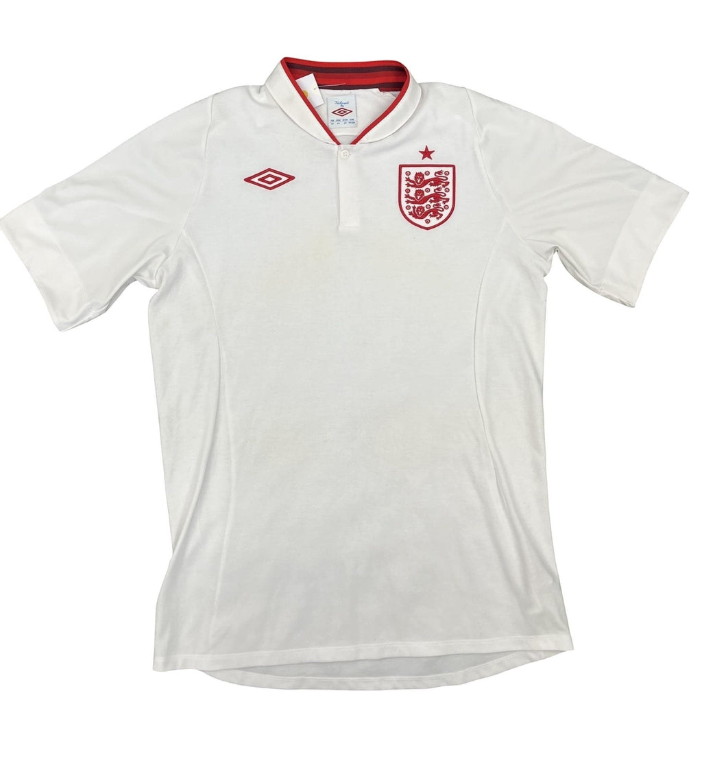kitround vintage white Umbro England football shirt with red collar and iconic Three Lions crest on chest