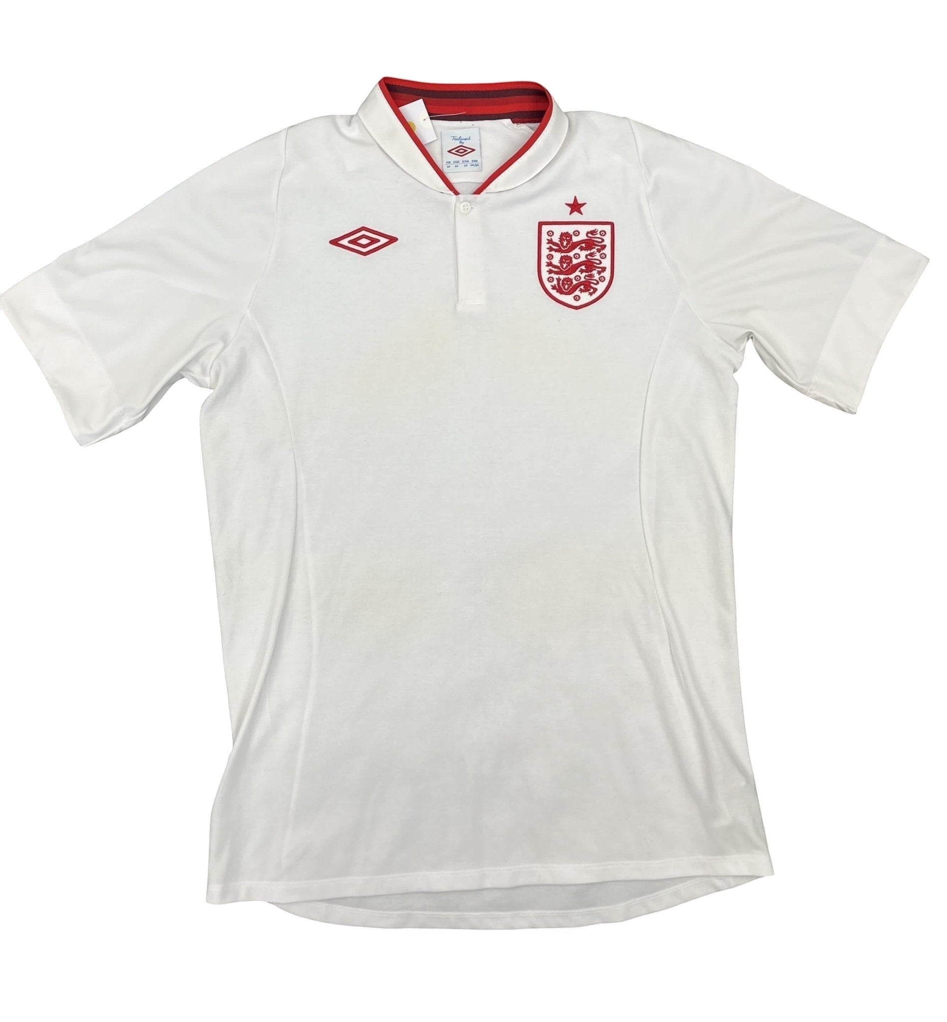 kitround vintage white Umbro England football shirt with red collar and iconic Three Lions crest on chest