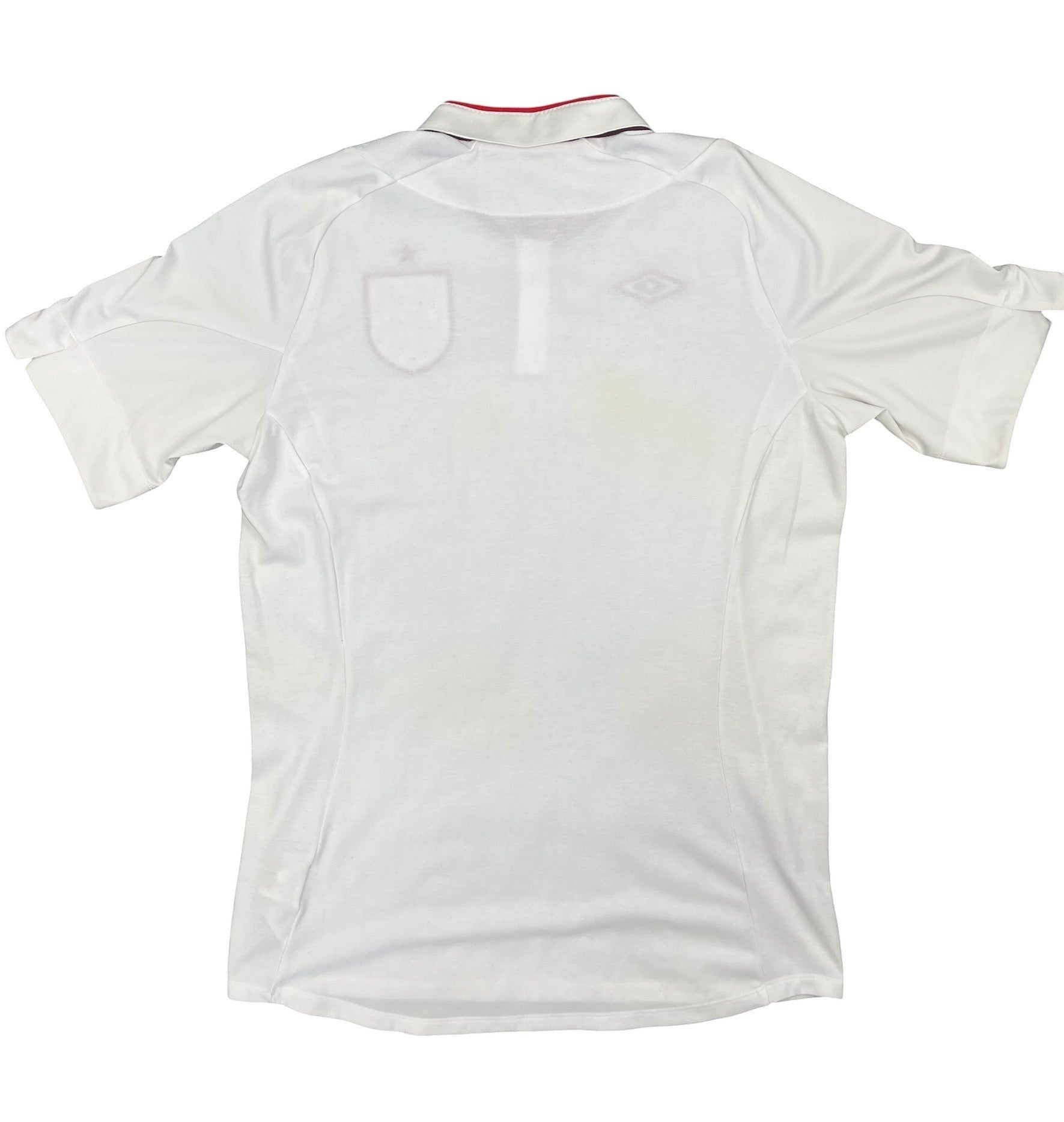kitround vintage white Umbro England football shirt with red collar accents and team crest on chest