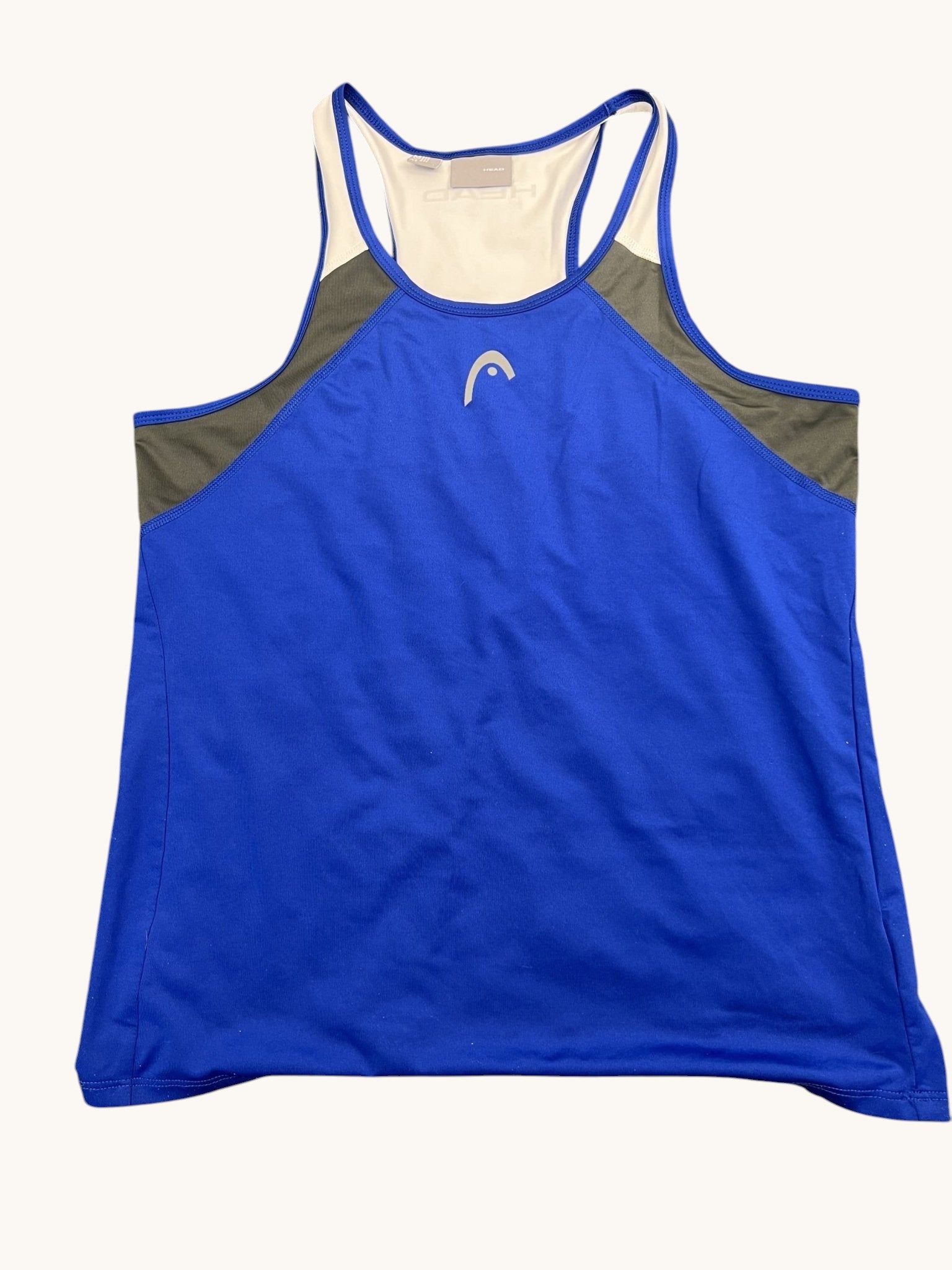 Kitround Head MXM sports top in dark blue with white and grey accents. Racerback design with moisture management technology.