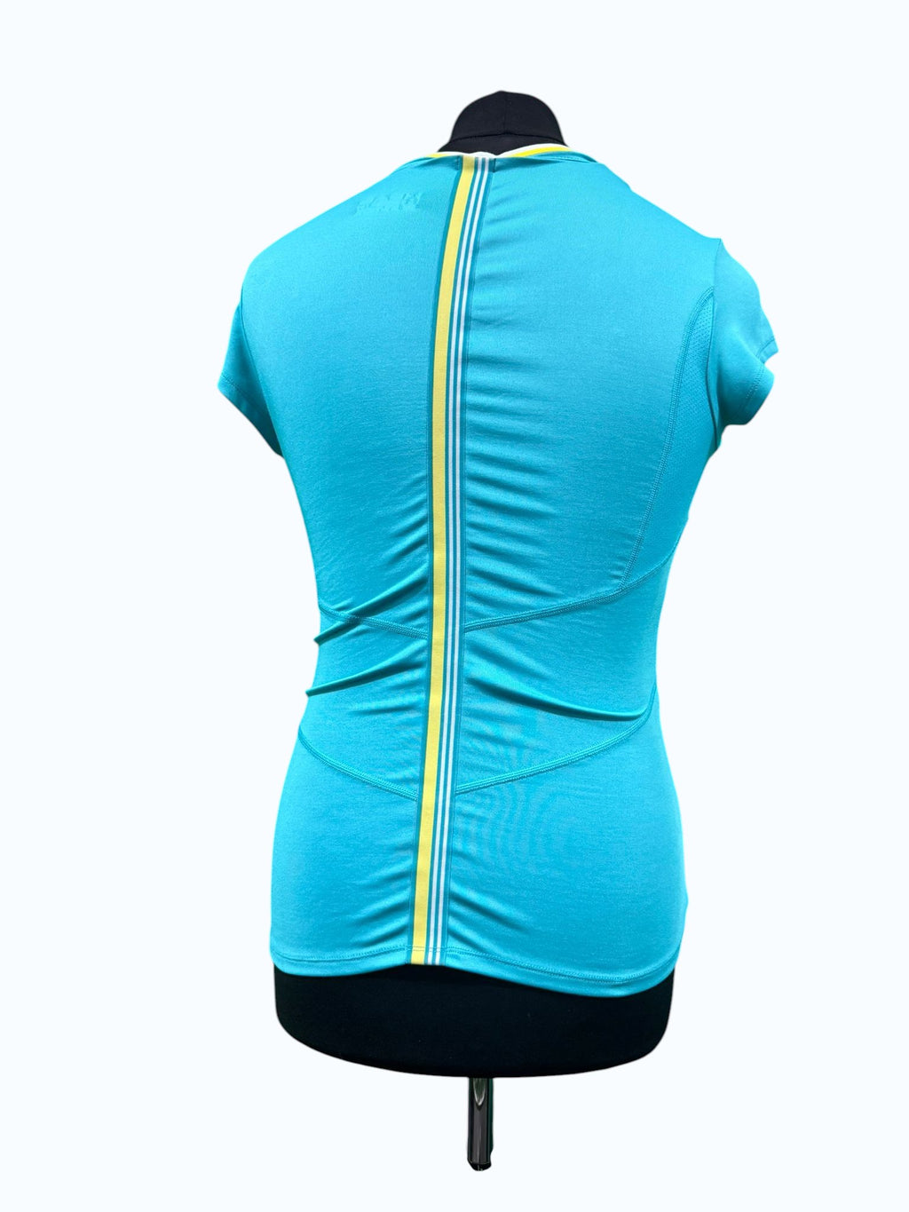Head Women's turquoise short sleeve tennis top with yellow and white stripe detail down the back. Medium size.