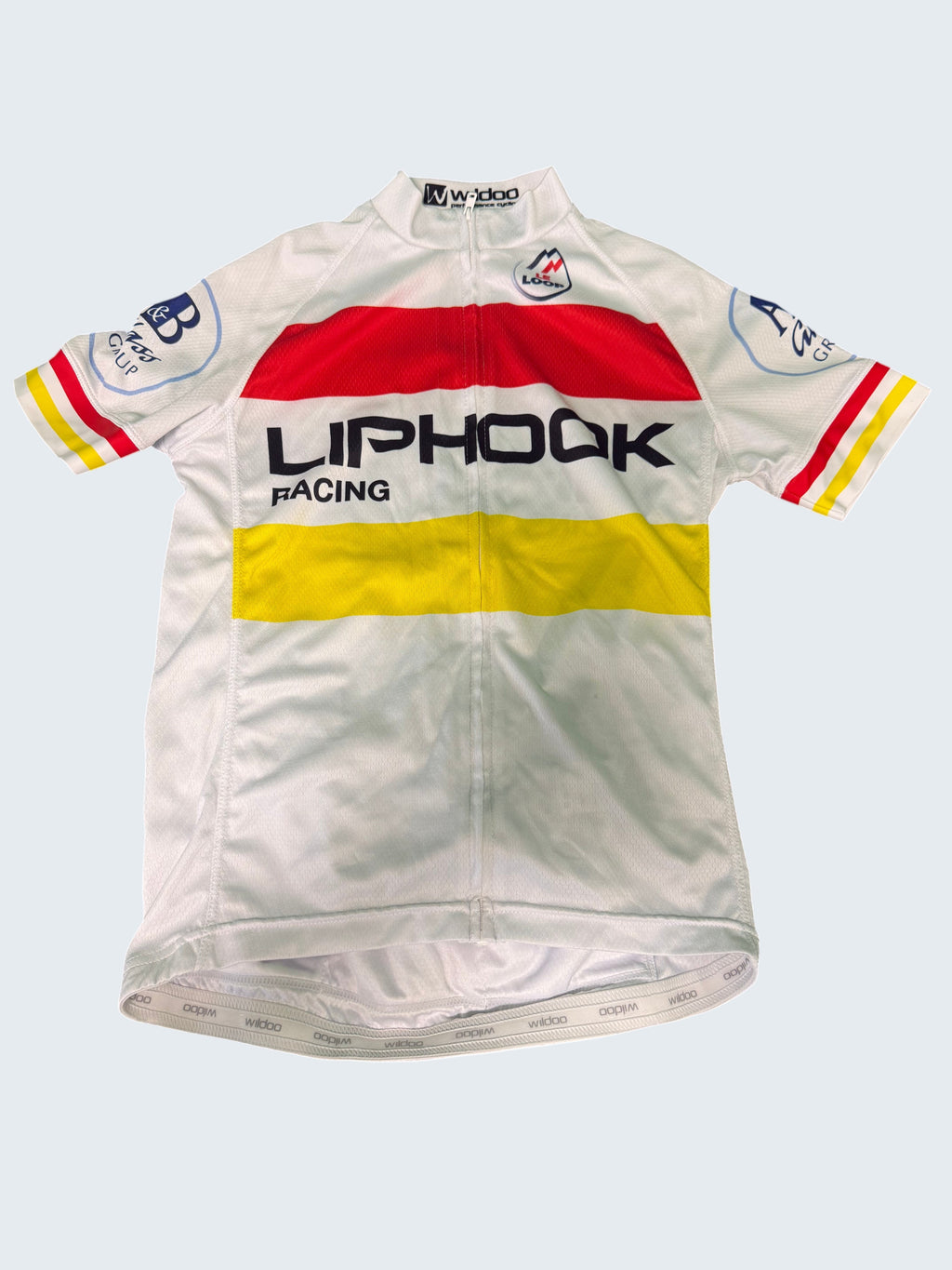Kitround Liphook Racing cycling jersey with white, red, and yellow horizontal stripes, short sleeves, and zip-up front.